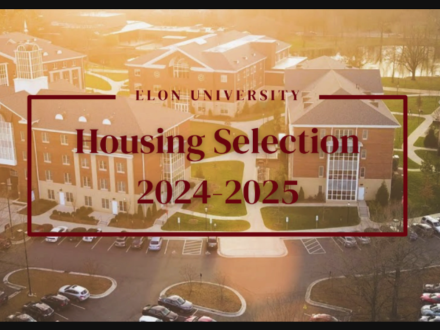 Aerial view of Elon's campus with words Housing Selection 2024-25